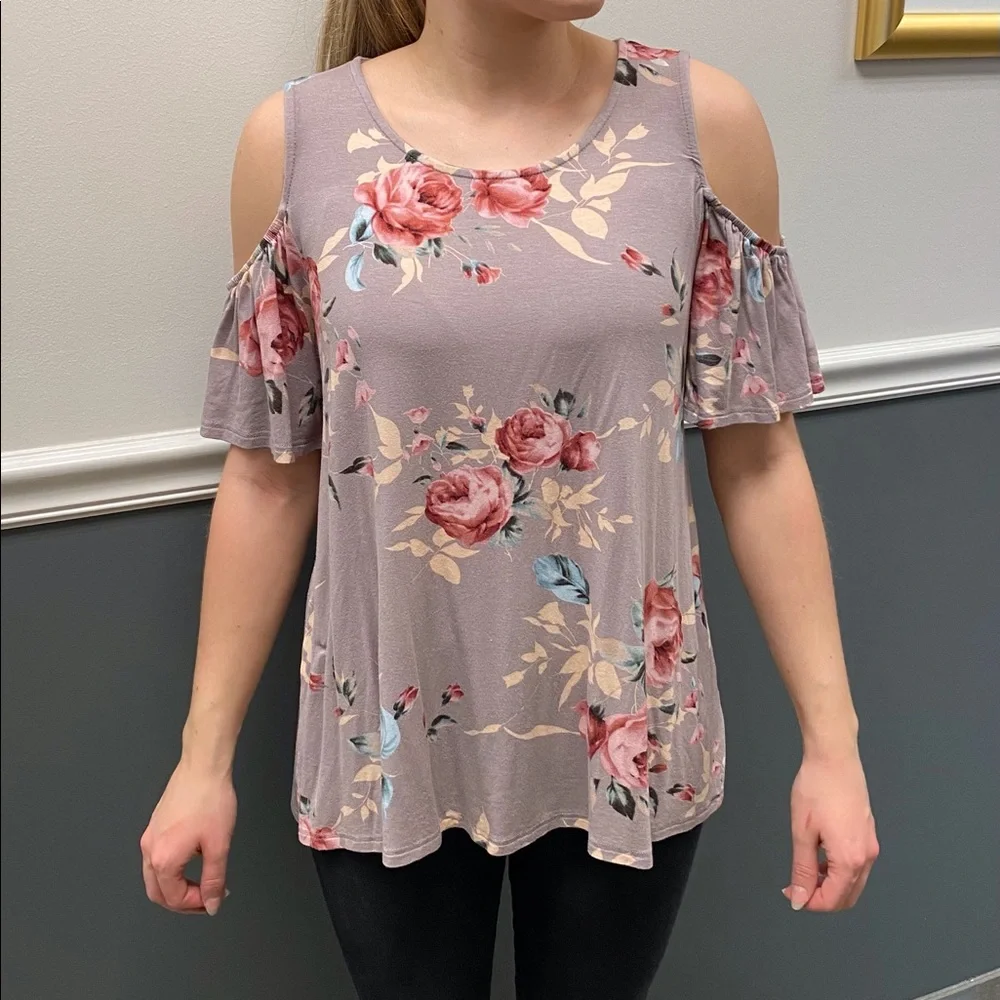 Pink Lily Cold Shoulder Floral Top - Picture 1 of 8